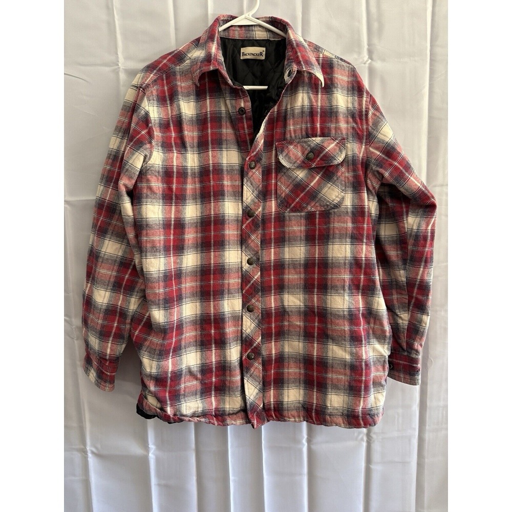Backpacker Blue Plaid Flannel‎ Shirt Jacket Shacket Quilt Lined Mens M Red/Blue